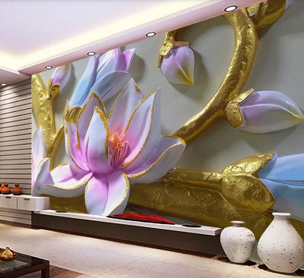 Пользовательские обои 3D фрески орхидея тиснение телевизор фона стены современной минималистской гостиной спальни украшения картины