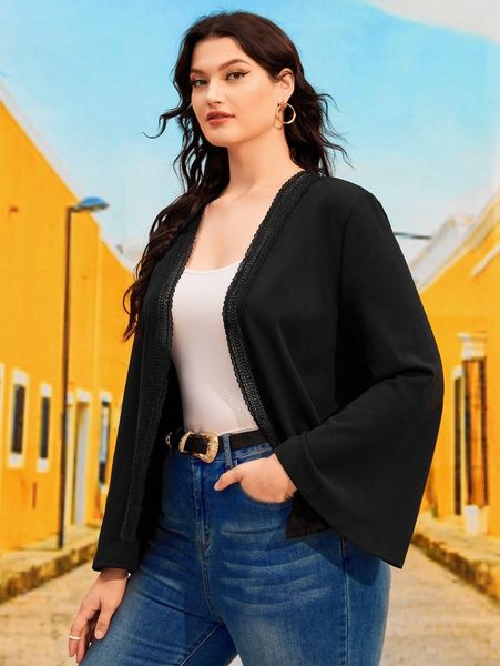 

plus guipure lace detail trumpet sleeve open front kimono v2bu#, Black