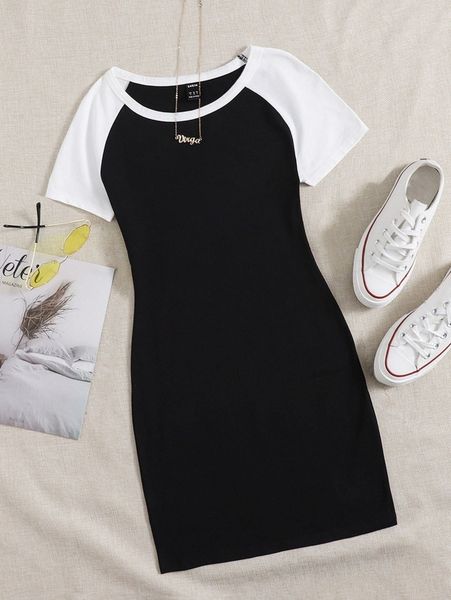 

colorblock raglan sleeve bodycon dress b9fy#, Black;gray