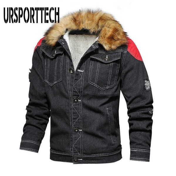 

ursporttech black winter jean jacket for men outerwear warm denim coats wool liner thicker winter men's denim jacket hooded coat 210528, Black;brown