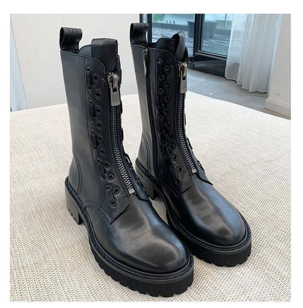 

boots women leather ankle autumn winter round toe lace up shoes woman fashion motorcycle platform botas, Black