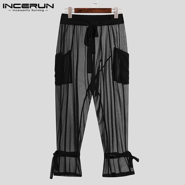 

men's pants 2021 men mesh see through lace up pockets streetwear solid breathable trousers loose pantalones hombre s-5xl incerun, Black