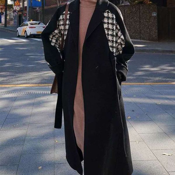 

2020 double faced wool overcoat mid length women's autumn and winter korean loose casual thousand bird lattice stitched woolen jacket, Black