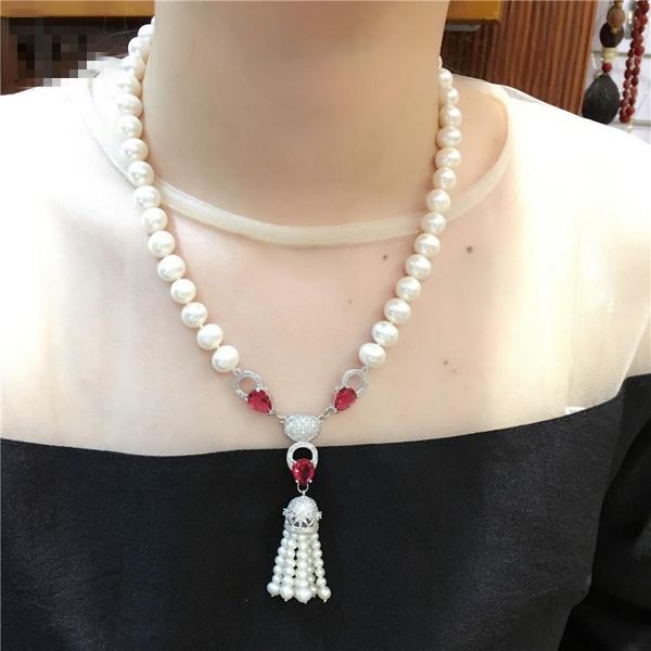 

chains sell 8=9mm natural white freshwater pearl zircon accessories tassel necklace fashion jewelry, Silver