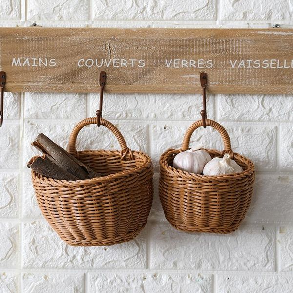

storage baskets woven hanging basket imitation rattan kitchen fruit vegetable organizer garden flower plant pot with handle