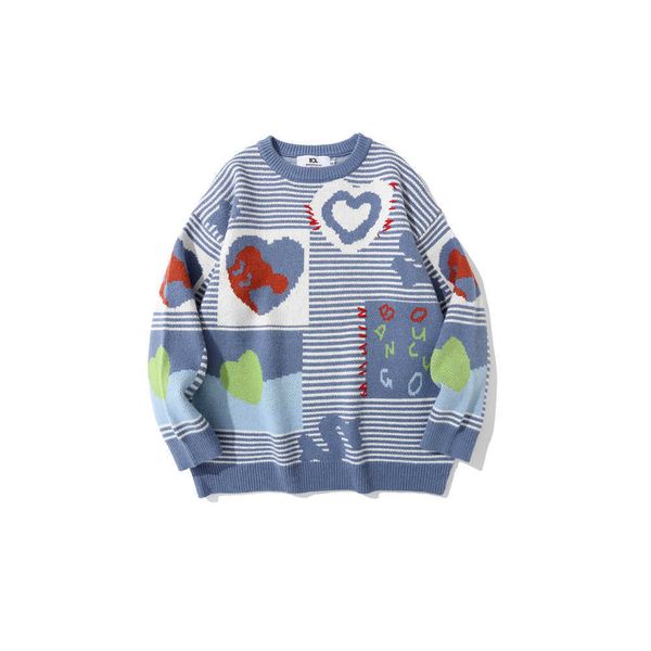 

sweaters knit fashion love color matching striped sweater men's street trend loose round neck couple's t shirt long sleeve, White;black