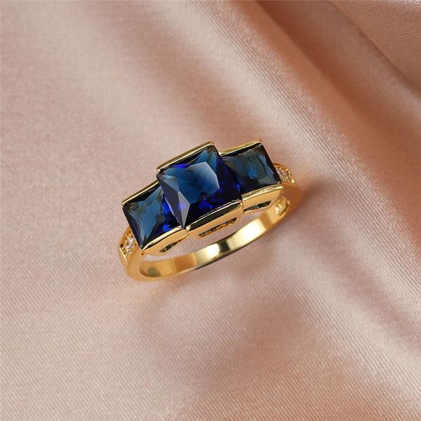 

wedding rings luxury female blue crystal stone jewelry dainty gold color big for women vintage bride square engagement ring, Slivery;golden