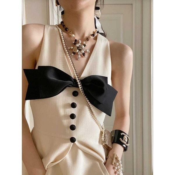 

casual dresses women's summer dress 2021 french advanced temperament bow design patchwork spaghetti strap a-line, Black;gray