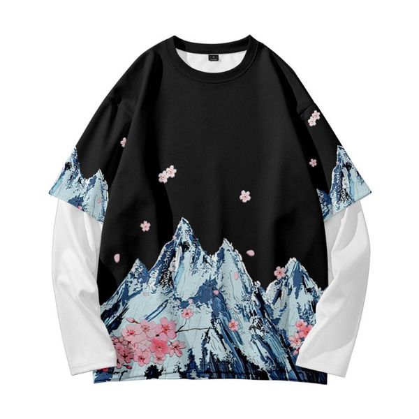 

men's hoodies & sweatshirts sakura and snow mountain summer retro trend street style fashion round neck fake two, Black