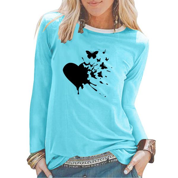

2021 summer new love butterfly t-shirt printed fashion loose long sve women's t-shirt, White