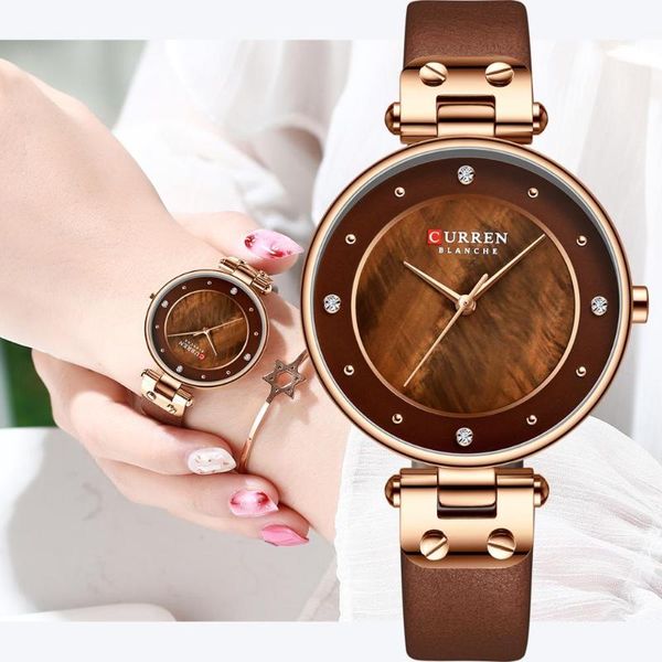 

wristwatches curren simple rhinestones charming watch for ladies quartz watches leather strap clock female wristwatch dress women's, Slivery;brown