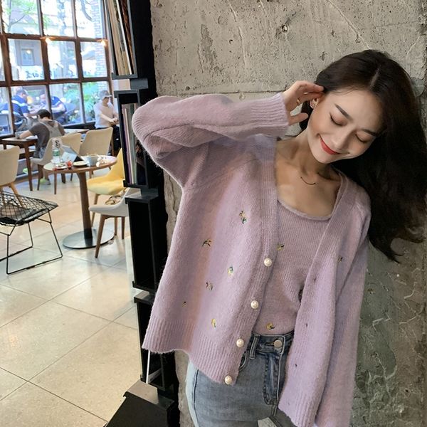 

new women's 2021 two-piece floral embroidered knitted cardigan sweater vintage v-neck long sleeve women outerwear chic d7a5, White;black