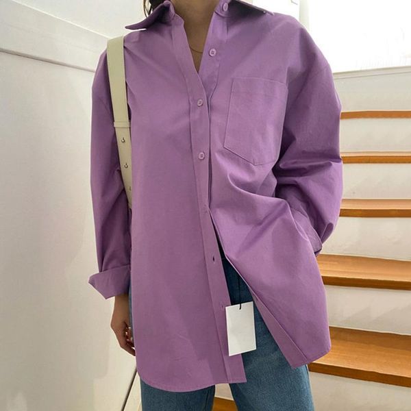 

women's blouses & shirts [ewq] women purple solid blouse lapel long sleeve loose fit shirt fashion casual minimalism tide autumn summer, White