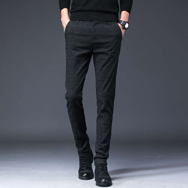 

winter casual black small foot plaid elastic cotton linen pants men's