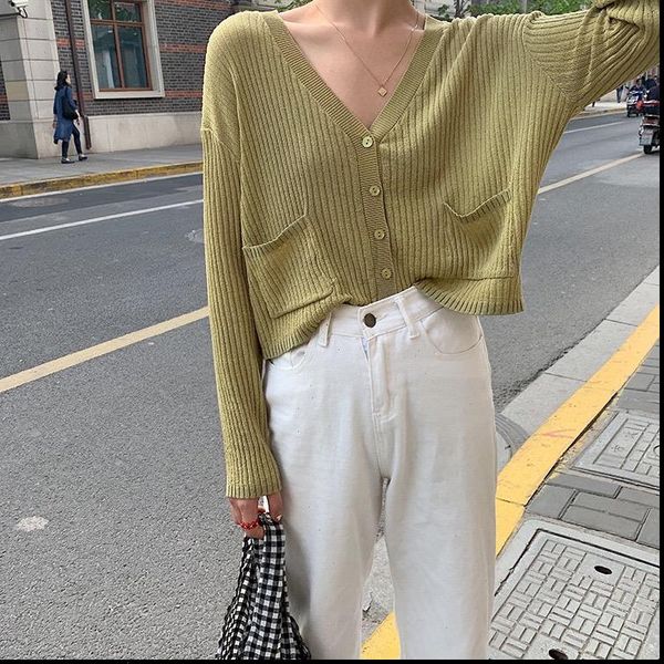 

women v neck knitted casual sweaters cardigans lady full sleeve pockets thin outwear cardigan crop for female fl853, White;black