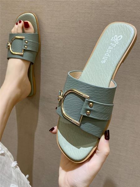 

rivet slippers casual beach shoes slides slipers women luxury soft sabot flat 2021 fashion pu rubber metal decoration basic, Black