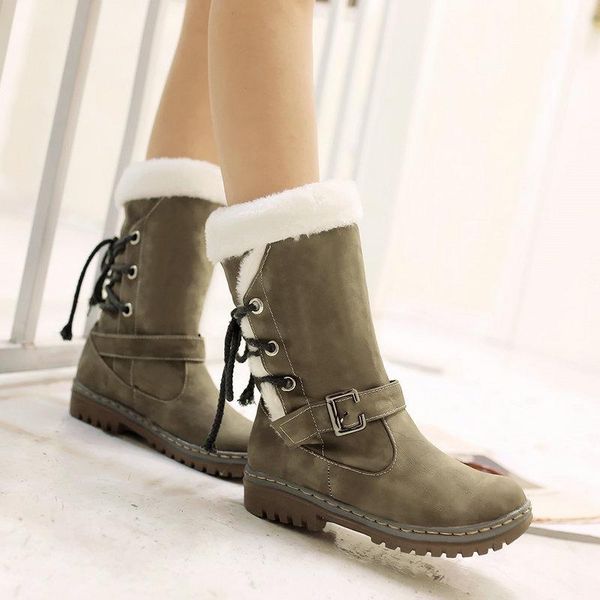 

boots 2021 snow women low heels cross strap ankle brown green black shoes warm fur winter female plus size 34-43