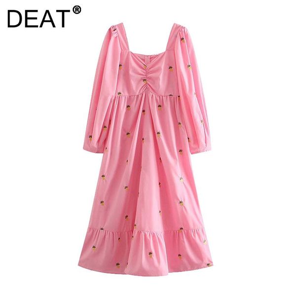 

casual dresses [deat] 2021 autumn fashion tide square collar high waist knee-length long sleeve printing pink elegant dress women 13z552, Black;gray