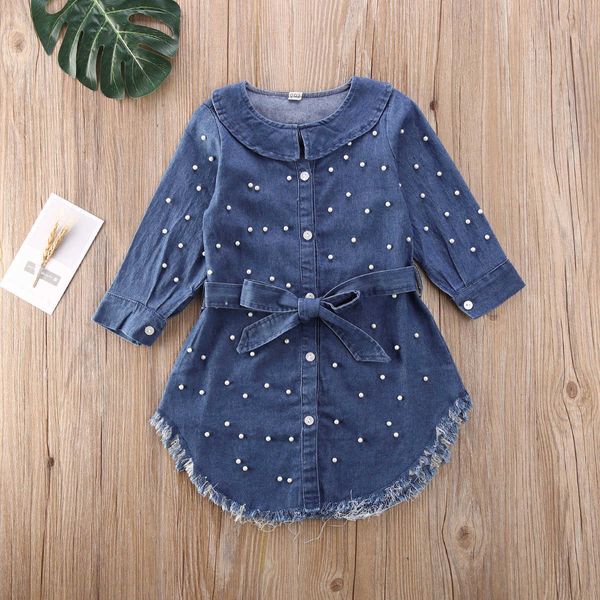 Pudcoco Yeni Moda Toddler Bebek Kız Giysileri Katı Renk Boncuk Uzun Kollu Elbise Denim Inci Ilmek Elbise Q0716