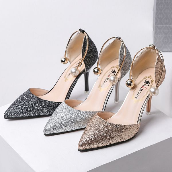 

2021 new women fashion silver pearl high heel pumps bridal wedding golden high heel shoes women sandals, Black