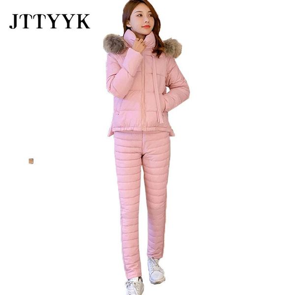 

women's two piece pants tracksuit women set 2021 winter faux fur collar hooded jacket coat+pants suits female causal warm thick clothes, White