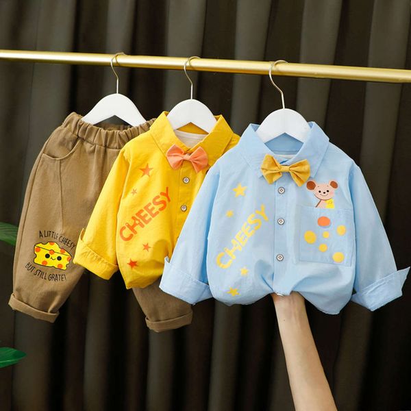 

new shirt children's boys' 2021 spring long sve 1-3 years old two piece suit, White