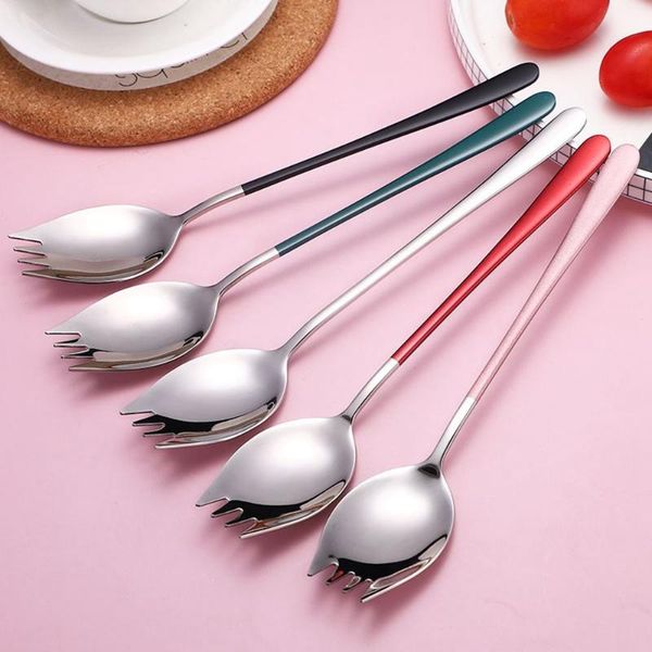 

forks 1pcs 2 in 1 spoon 304 stainless steel fork colorful metal soup dinner spoons salad dessert fruit kitchen tableware