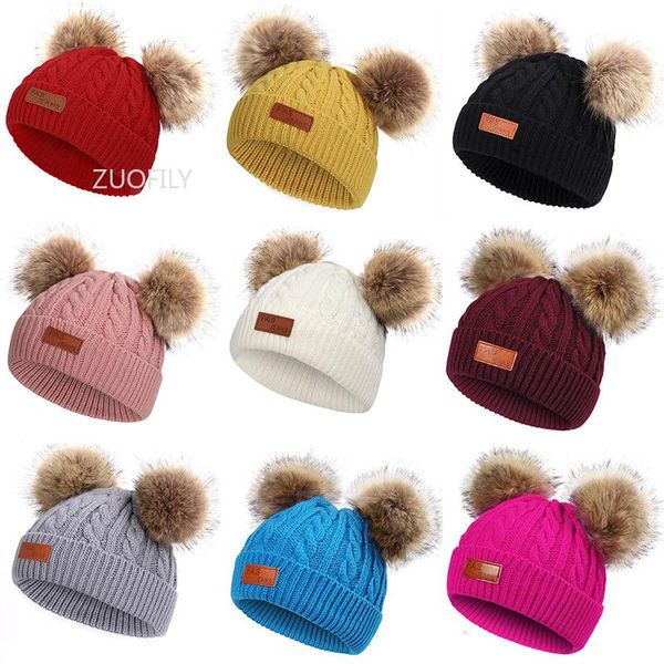 

caps & hats crochet baby hat autumn winter warm kids girl boy beanie cap solid color knitted twist double pompom children toddler bonnet, Yellow
