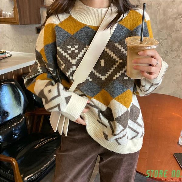 

autumn winter argyle printed o-neck full sleeve sweater for women female regular knitted pullovers women's sweaters, White;black