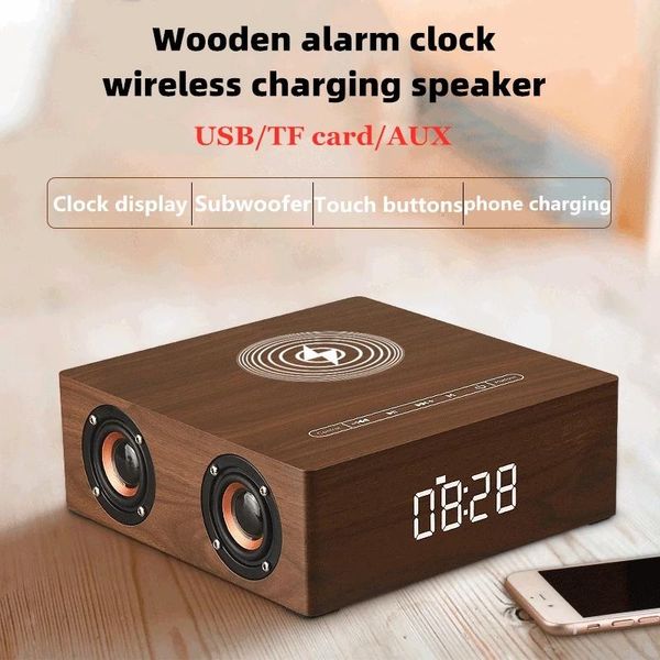 

new trend wireless charging wooden bluetooth speaker subwoofer stereo alarm clock audio support tf card/usb/aux for music
