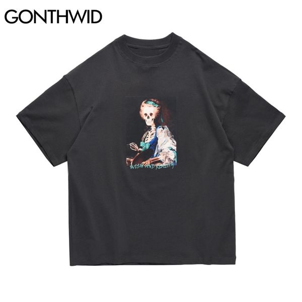 

hip hop tshirts streetwear creative skull girl painting tees shirts men harajuku casual cotton short sleeve 210602, White;black