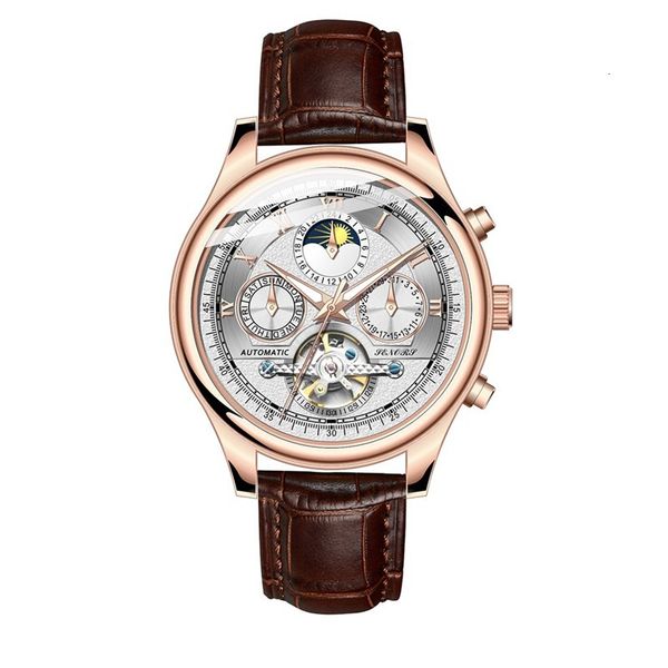 

gorben leather band automatic mechanical men's watch skeleton vintage sport clock casual business polar male, Slivery;brown