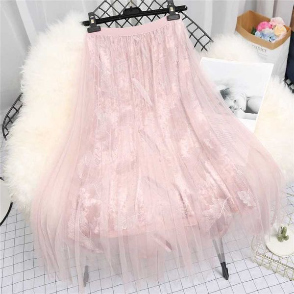 

feather embroidery lace long tulle skirt women summer elegant maxi pleated jupe femme elastic high waist 210601, Black