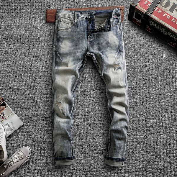 

2021 new italian style fashion men jeans retro wash elastic slim fit ripped cotton denim pants vintage designer trousers b7ka, Blue