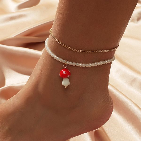 

2pcs/set female bohemian white pearl ceramic mushroom anklets for women beach style fashion simple gold color metal anklets gift, Red;blue