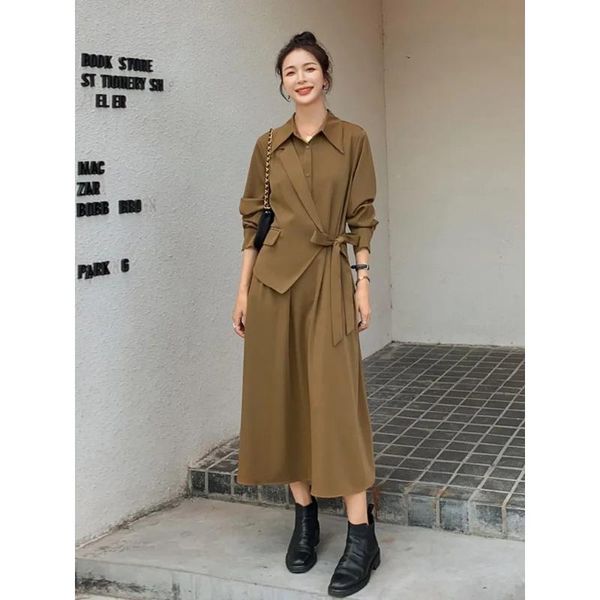 

casual dresses tsxt 2021 autumn lapel long-sleeve solid color suit temperament goddess light ripe straight tube midi dress, Black;gray