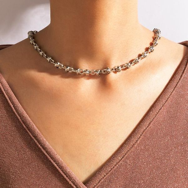 

chokers huatang simple knotted necklace for women fashion geometry silver color alloy clavicle chain lady jewelry accessories 18678, Golden;silver