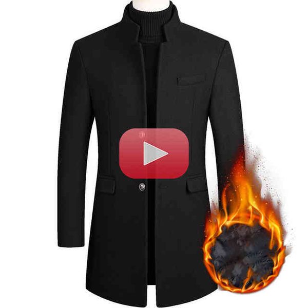 

[optional leather] - men's et, wool blend, winter , medium and long windbreaker, classic thick solid coat, Black