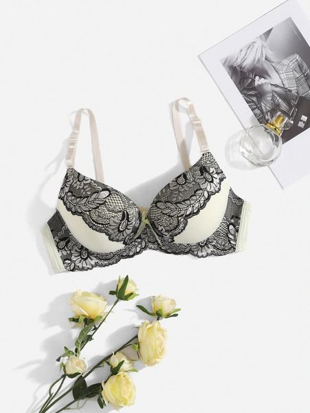 

plus contrast lace underwire bra 78ie#, Black;white