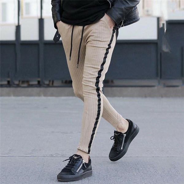 

men's pants men slim fit pencil urban striped trousers male fashion sid strip casual joggers stylish long drawstring, Black