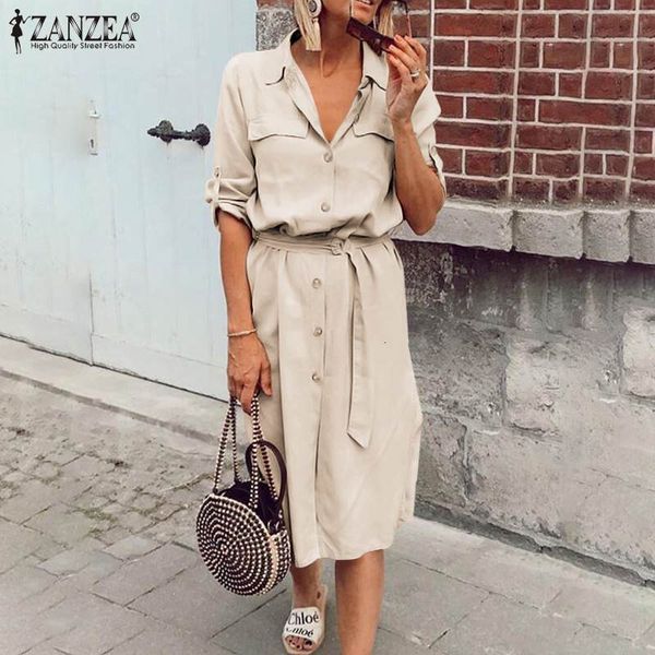 

new zanzea 2021 spring autumn solid robe female ol lapel button vestido casual waist belt es women fashion shirt oversize tvt1, Black;gray