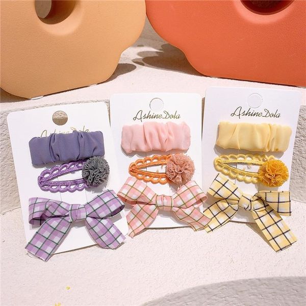 

hair accessories 3 pcs korean sweet girl lattice fabric bow hairpins headwear fashion children's yarn ball bb clip, Slivery;white