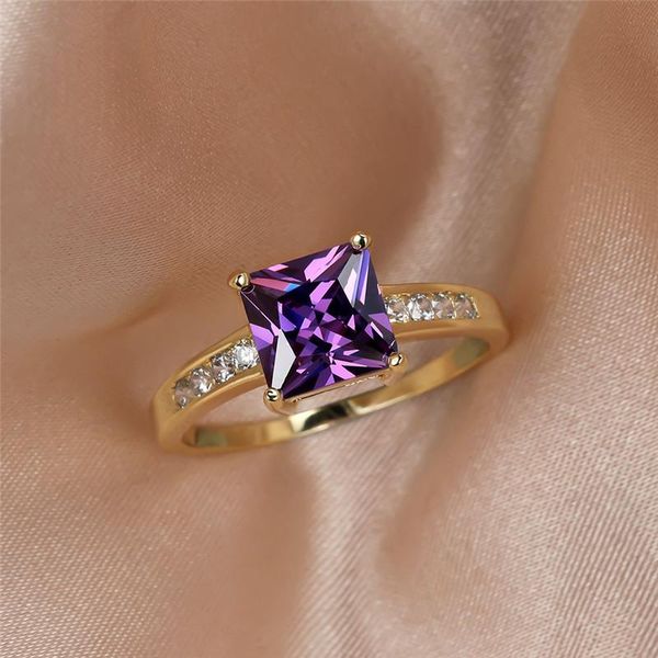 

wedding rings elegant female purple crystal stone ring yellow gold color for women vintage bride square engagement big, Slivery;golden