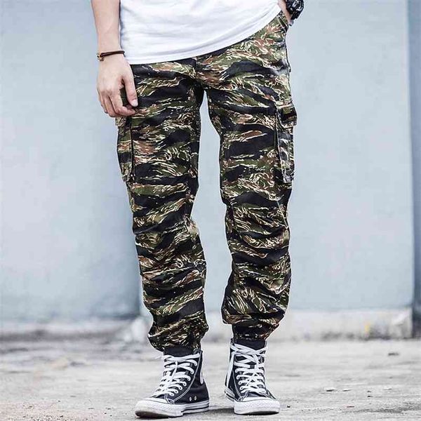 

tiger stripe print camouflage cargo pants mens safari trousers streetwear multiple pockets men jogger military tactical 210715, Black