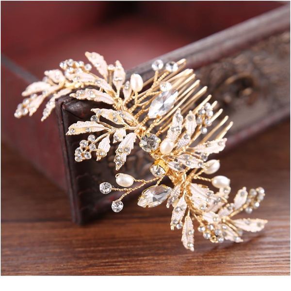 

trendy leaf pearl rhinestone crystal bridal hair comb wedding hair accessories bride headpiece hair ornaments women jlliph, Silver