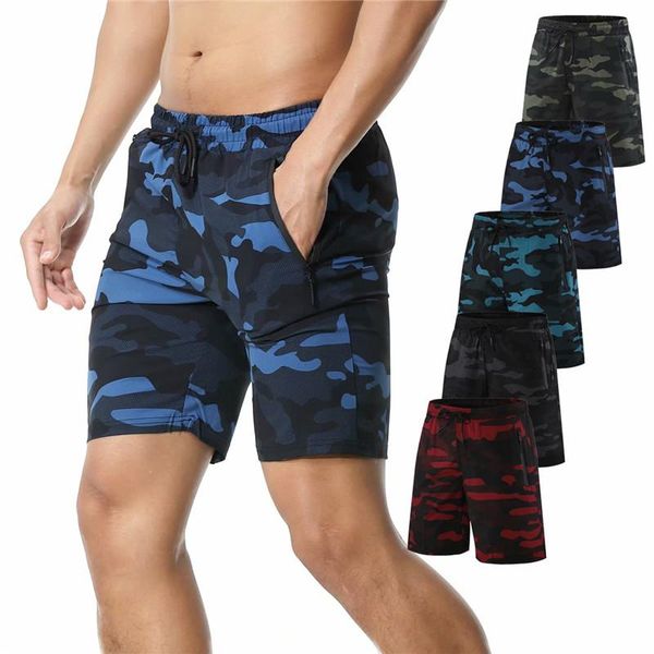 

men's shorts fitness running sports camouflage zipper pocket, White;black