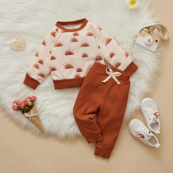 

clothing sets baby boys girls casual fall spring clothes sun printed pattern round collar pullover brown solid color pants cotton baby', White