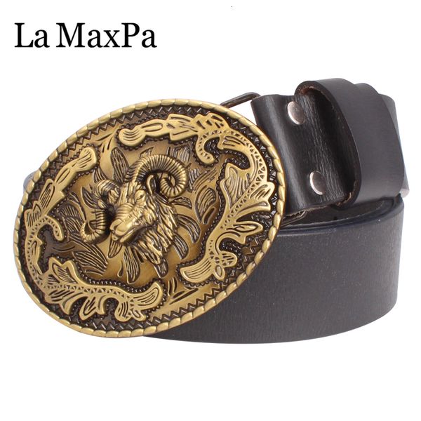 

2021 new homens couro genuno ram cabea fivela de cobre cabra flores 5 cores cinto para presente 55m5, Black;brown