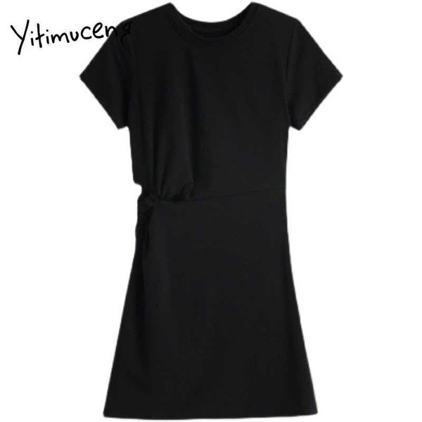 

yitimuceng black hook flower hollow mini high waist slim dresses women o-neck a-line solid summer korean fashion dress 210601, Black;gray