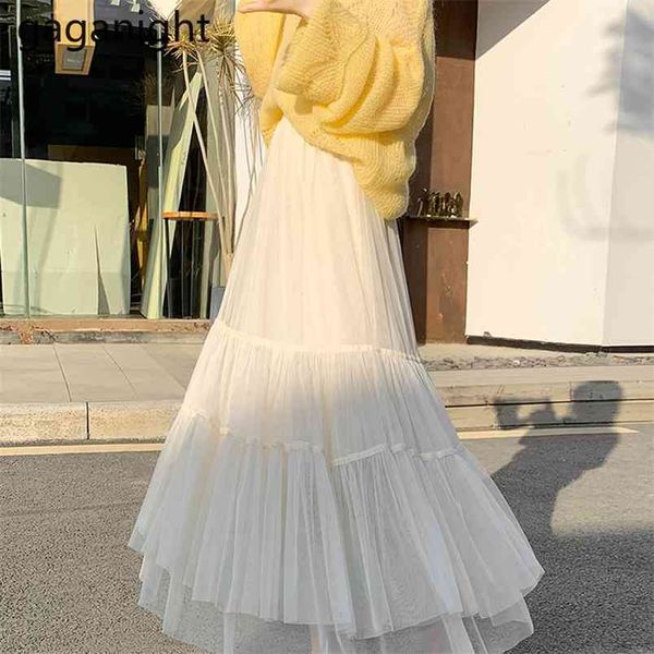 

female summer vintage tulle skirt women spring fashion elastic high waist mesh s long pleated tutu 210601, Black